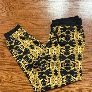 designer inspired black gold Patterned Joggers pull on pockets silky feel M